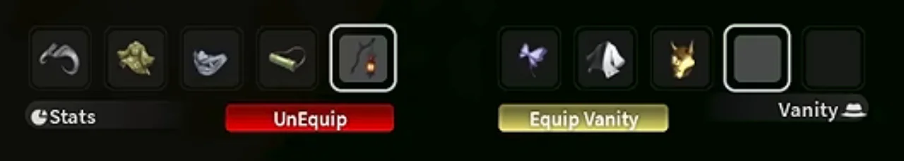 Five stat slots filled with horns, a haori, a mask, a muzzle and a lantern