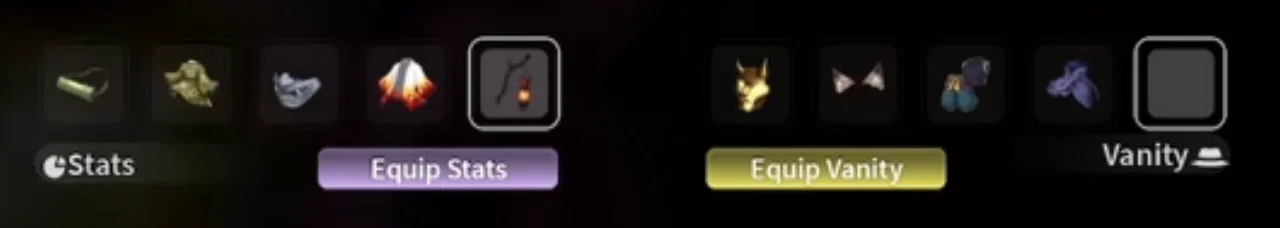 Five stat slots holding a muzzle, two haori, a mask and a lantern