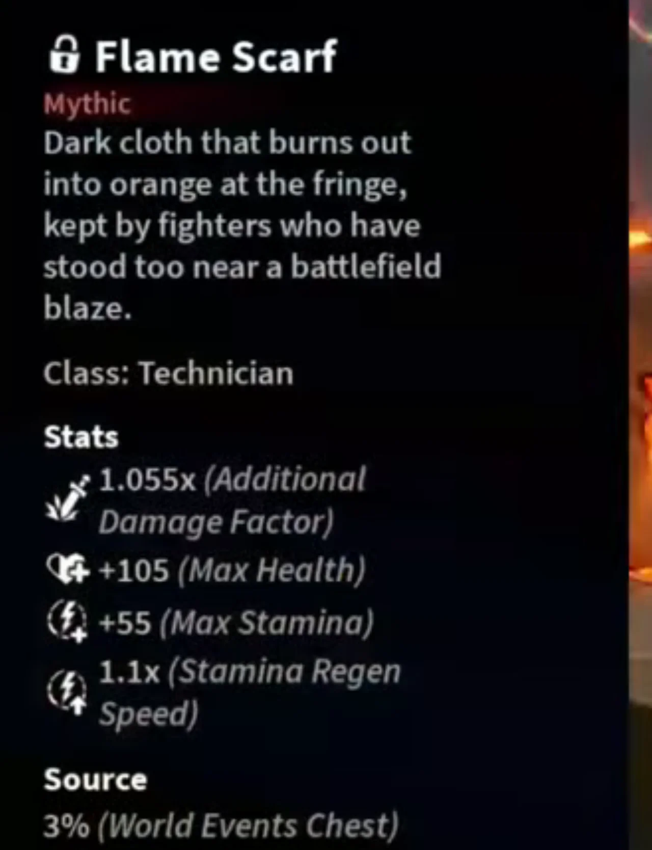 Flame Scarf item card over a boss fight