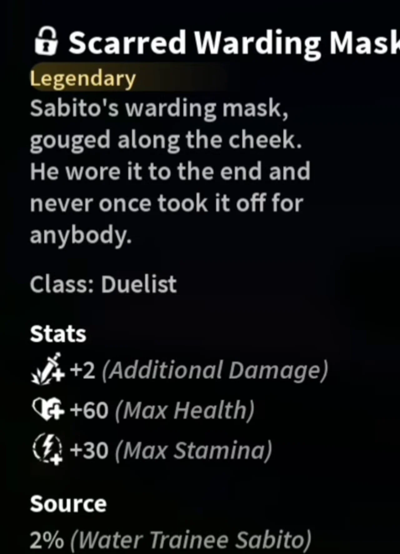 Scarred Warding Mask item card with its source line