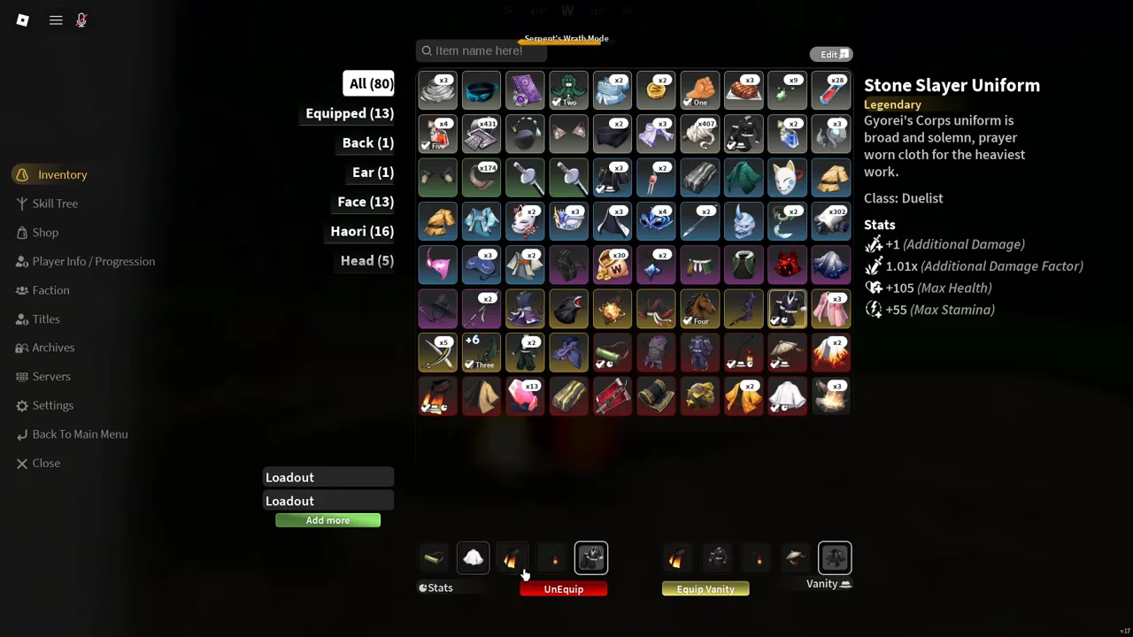 The inventory with a Legendary uniform card, and two rows of five slots at the bottom