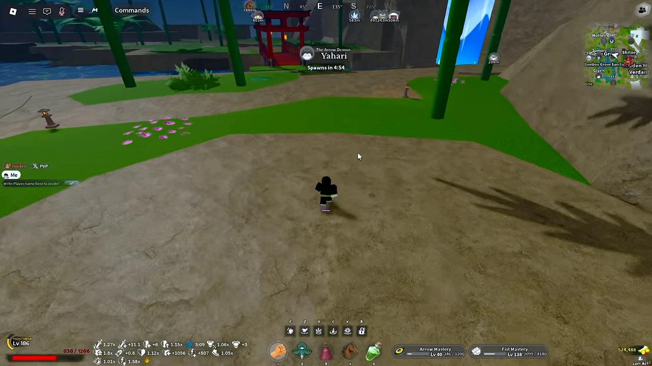 A player walking toward a marker named Yahari with a countdown