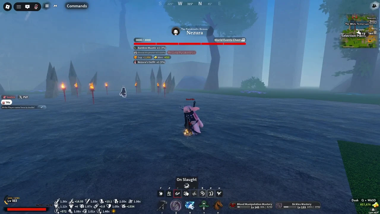 A demon with sickles fighting Nezura in shallow water, a label over one hotbar key