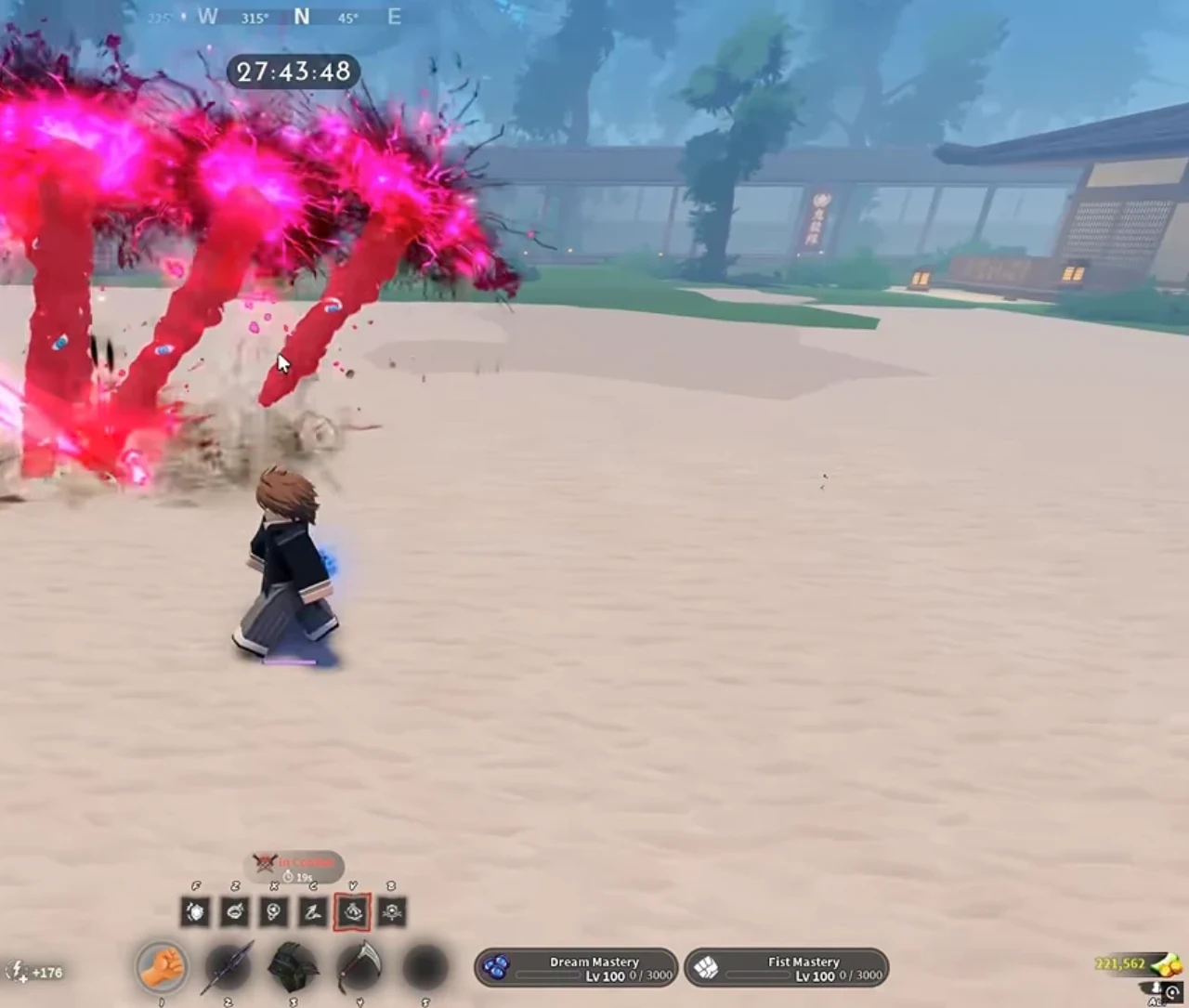 Pink flesh tendrils bursting out of the ground around a player