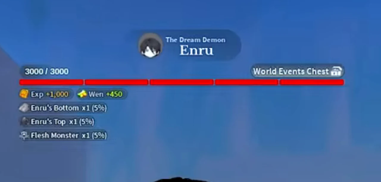 A boss health bar titled The Dream Demon, Enru, with three drop lines