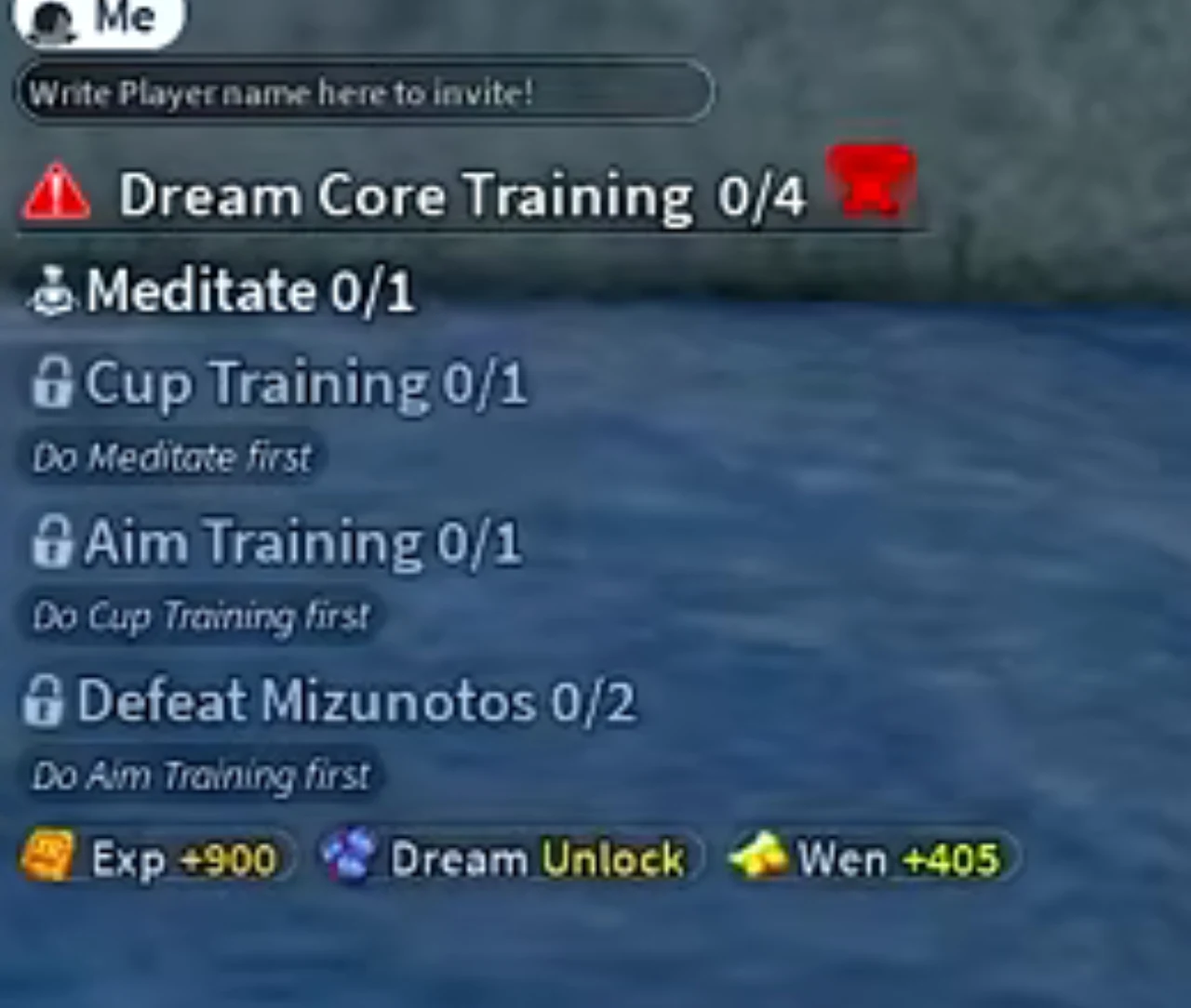 The Dream Core Training quest tracker with four steps