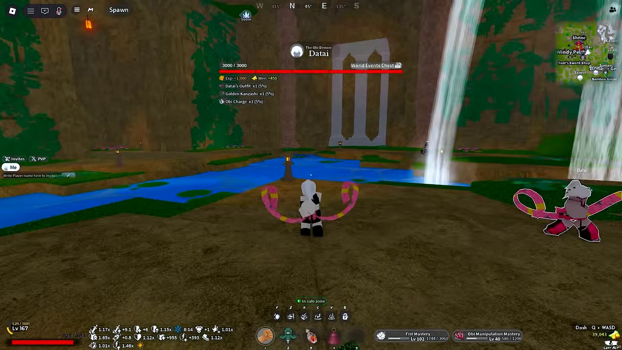 A player fighting Datai beside a waterfall, the boss bar at the top