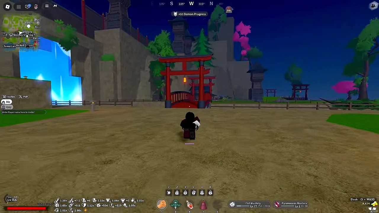 A demon by a red torii gate and a waterfall, two mastery bars on the HUD