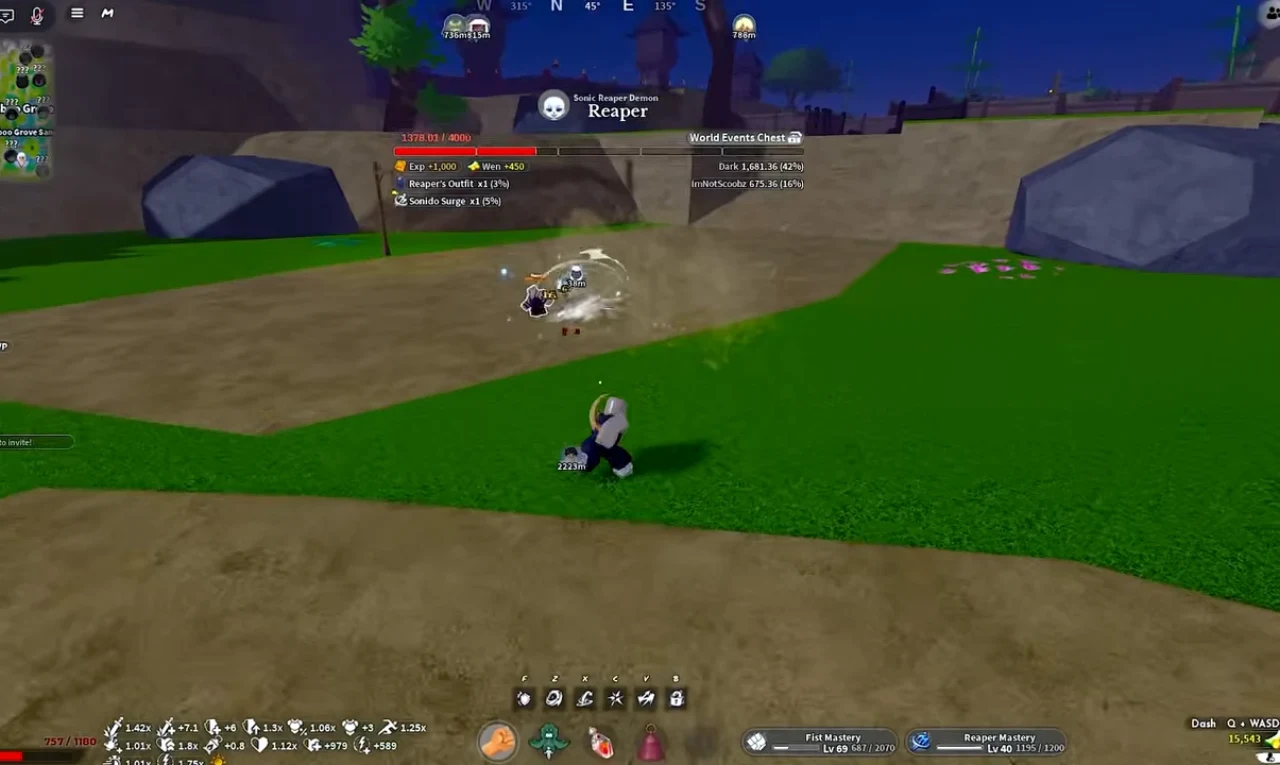 A player fighting the Reaper boss on a grassy path at dusk