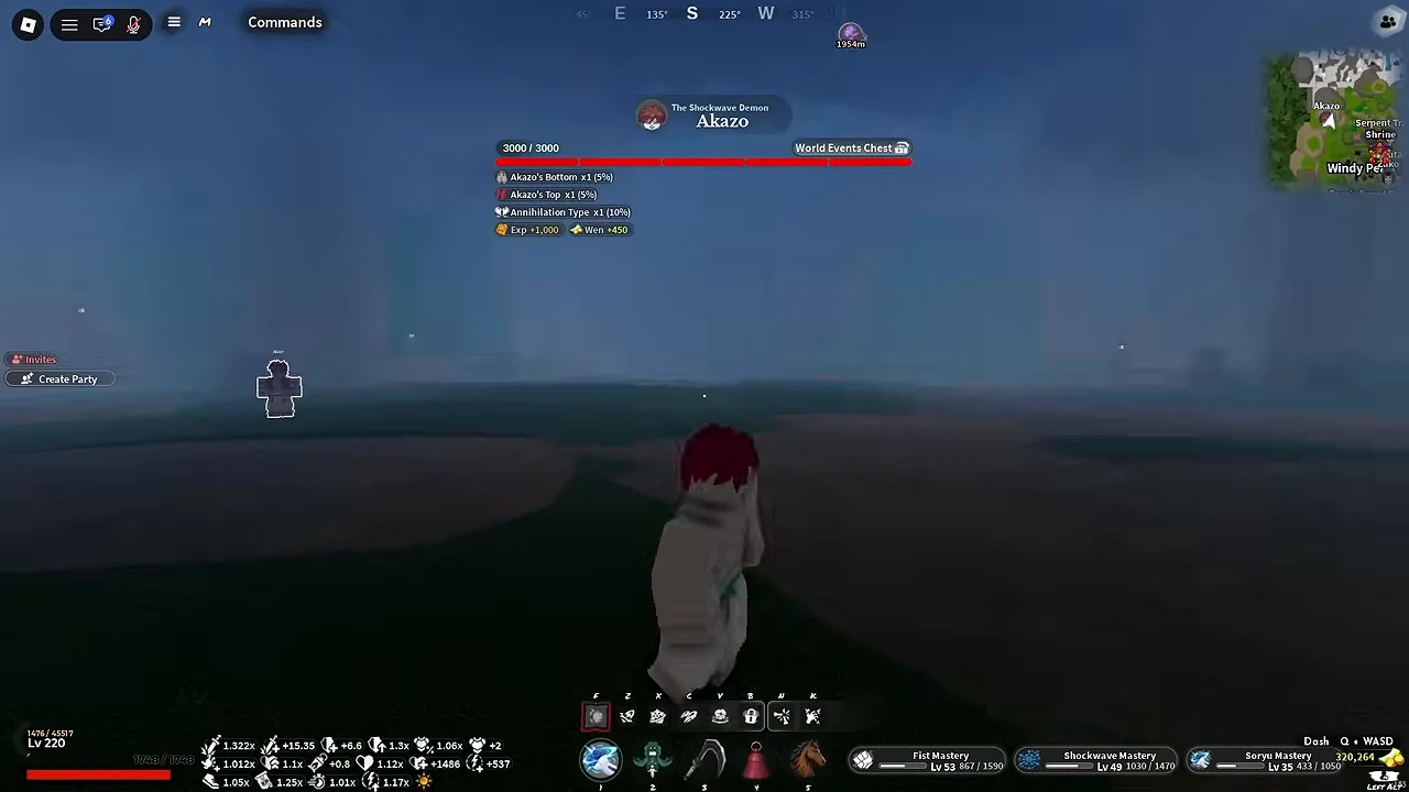 A red-haired player facing Akazo in the fog, the boss bar at the top