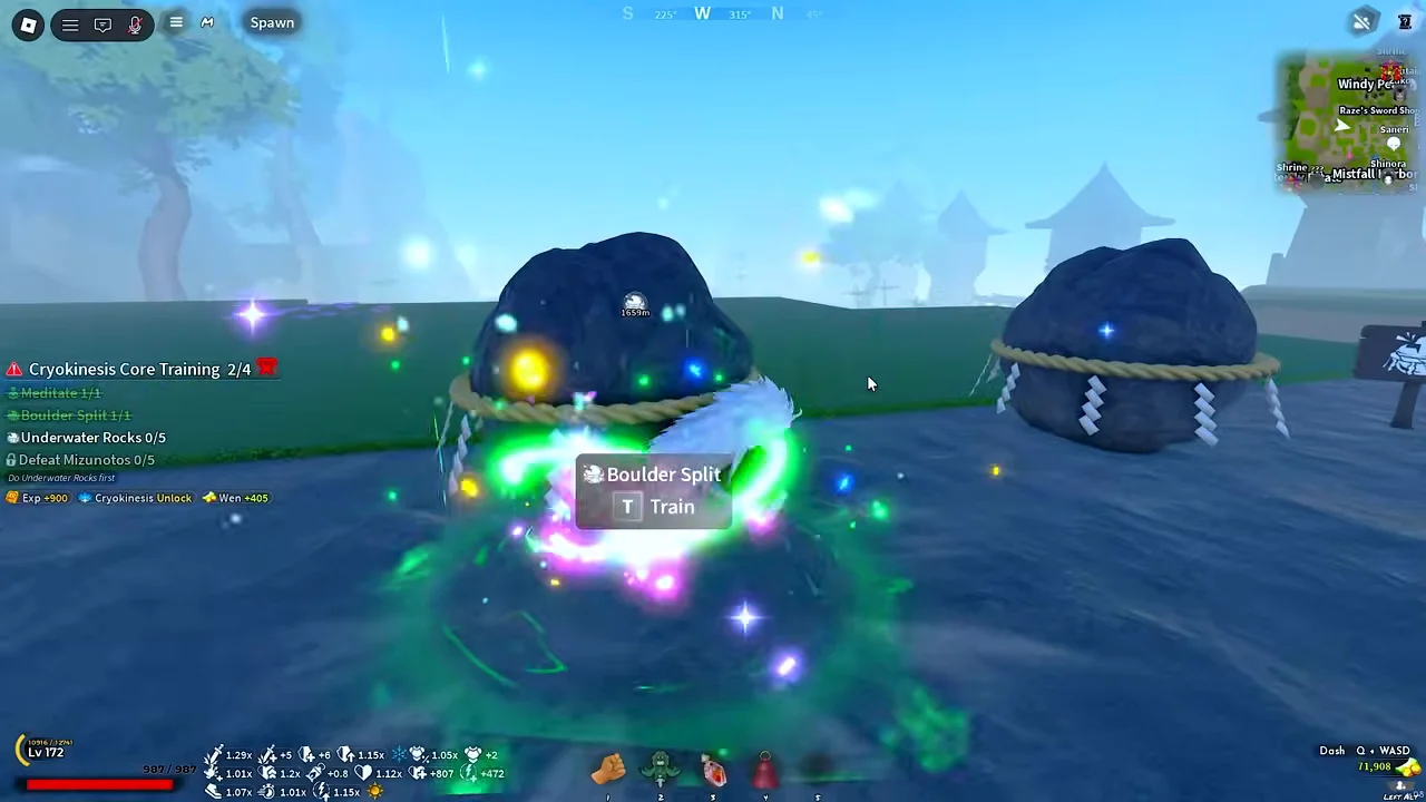A player at a rope-tied boulder with a training prompt