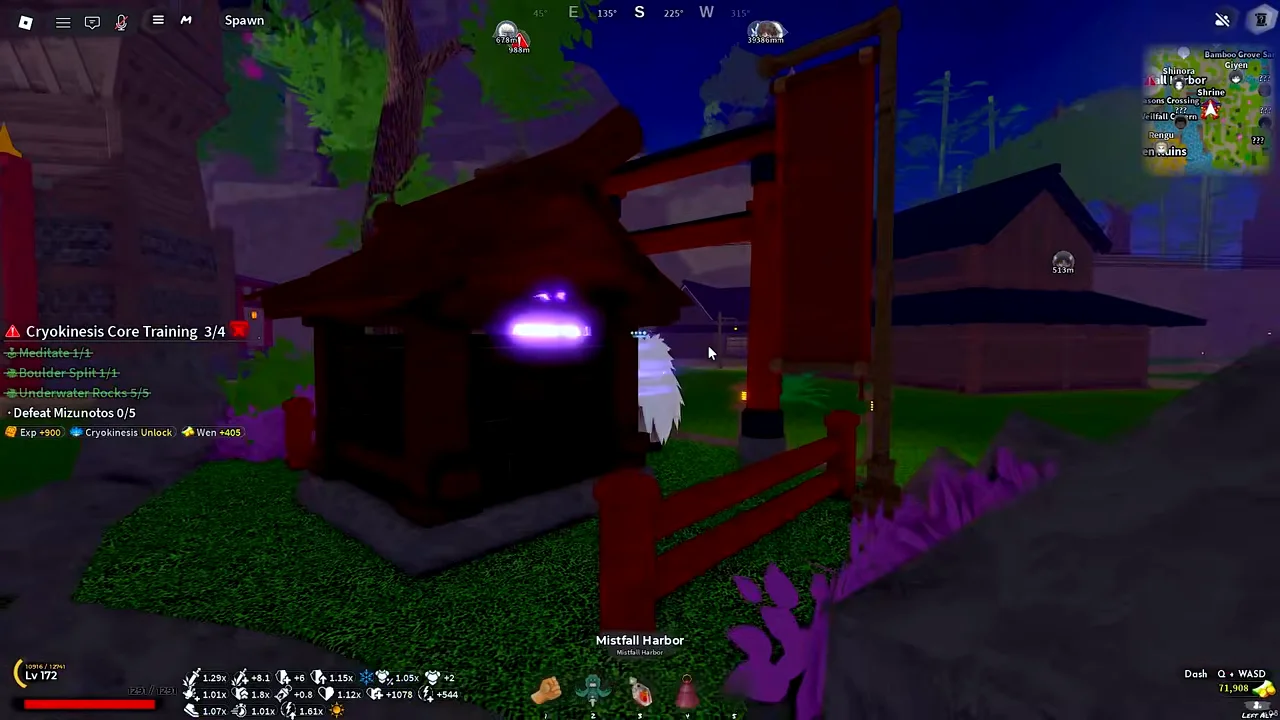 A player at Mistfall Harbor at night