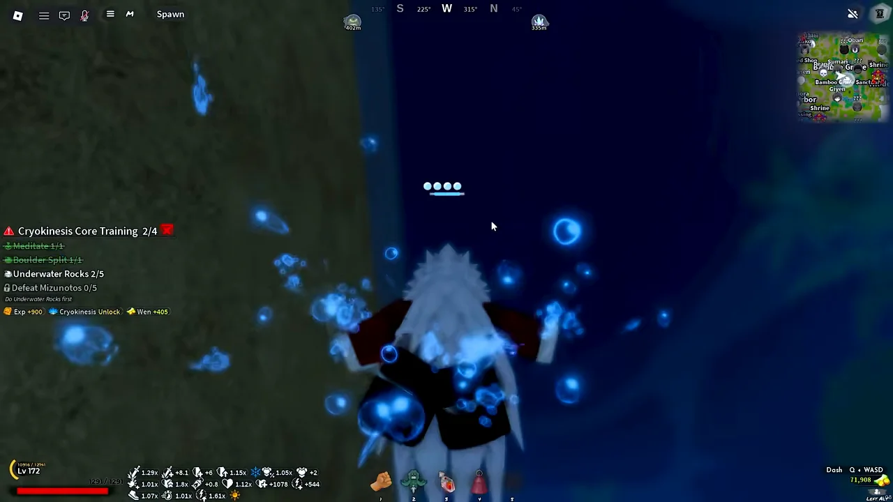 Glowing blue rocks underwater around a player