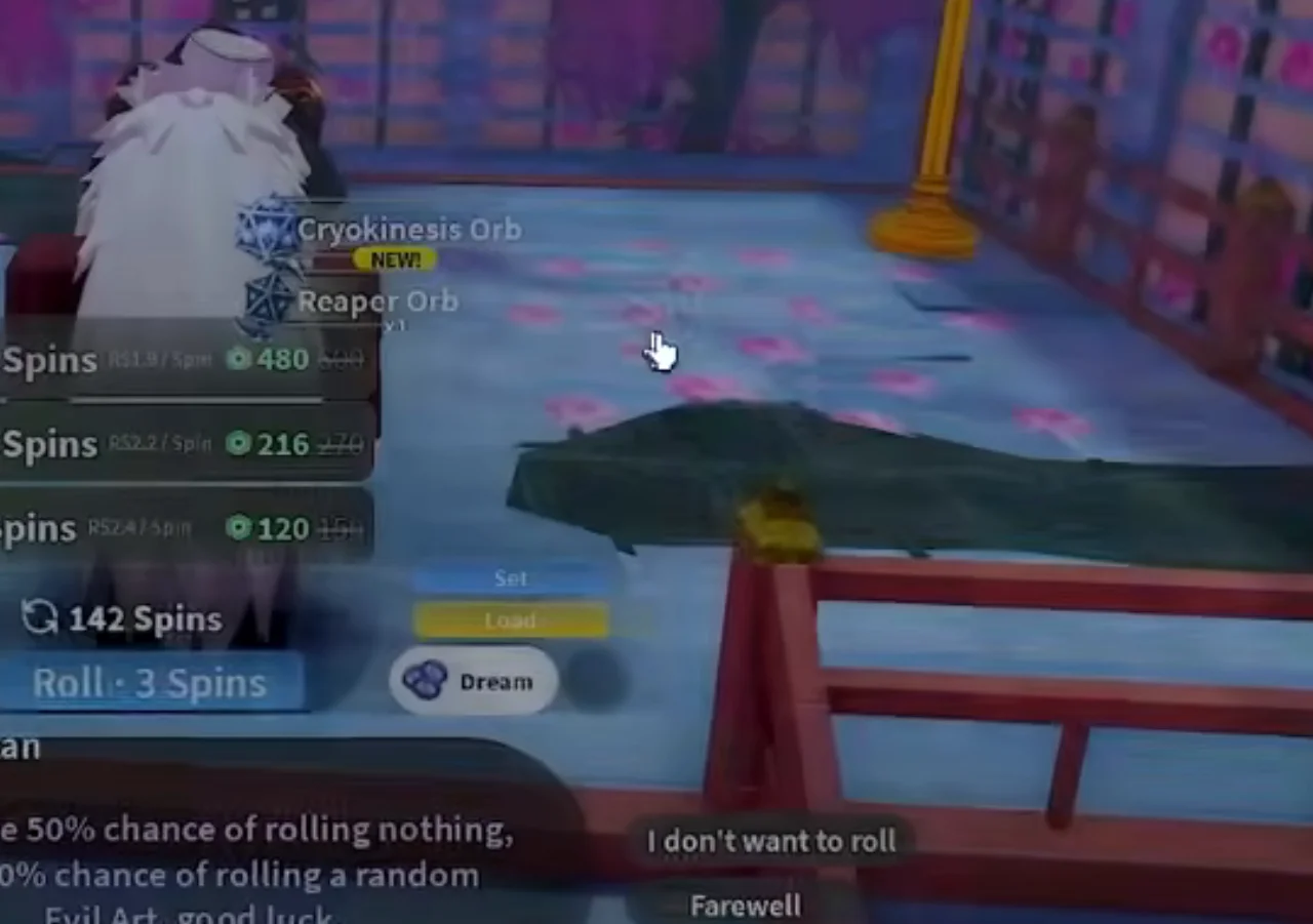 Muzan's roll panel with two new orbs in the inventory
