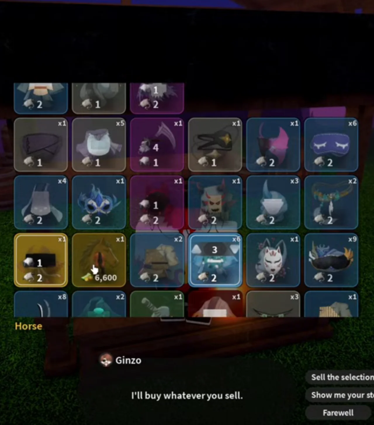 The sell grid with a horse tile highlighted