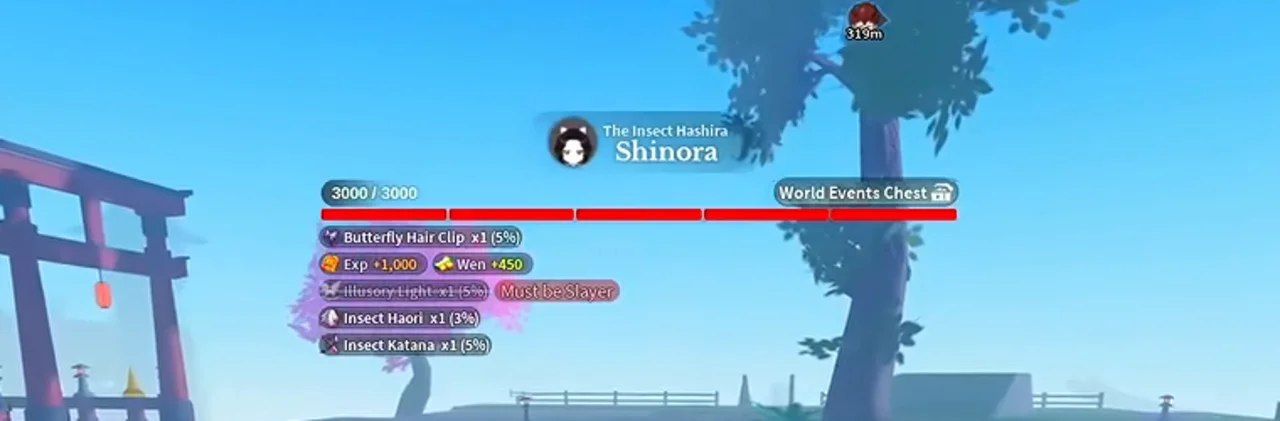 Shinora's health bar with the drop list printed under it