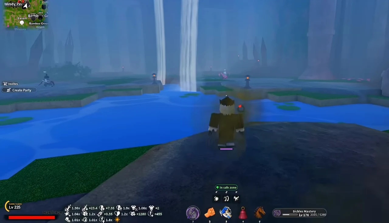 A player walking toward waterfall curtains in a rocky pool