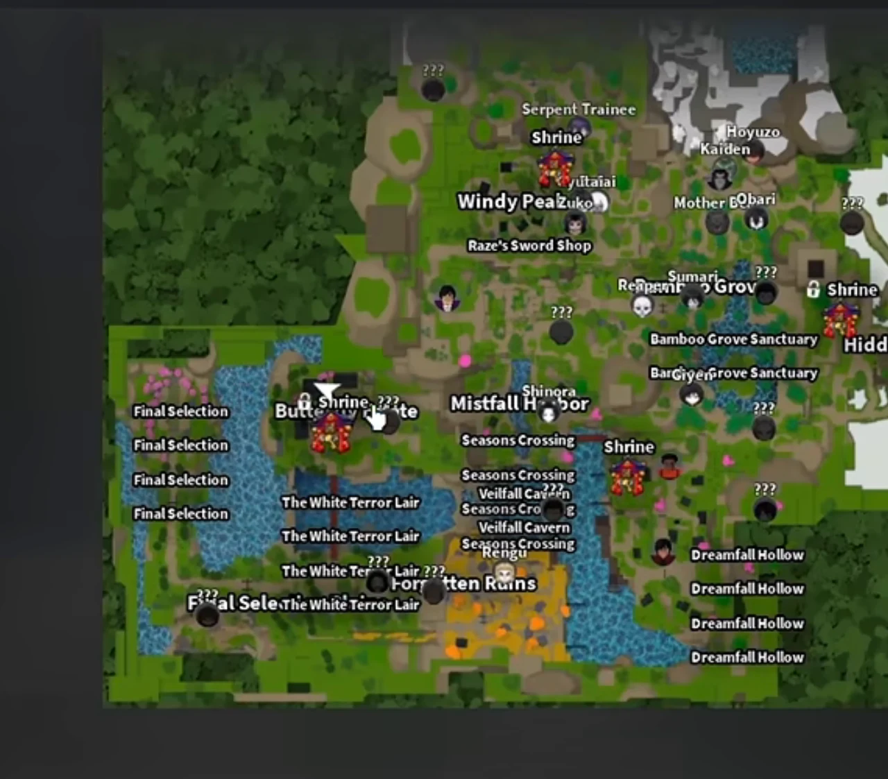 The world map with boss names switched on