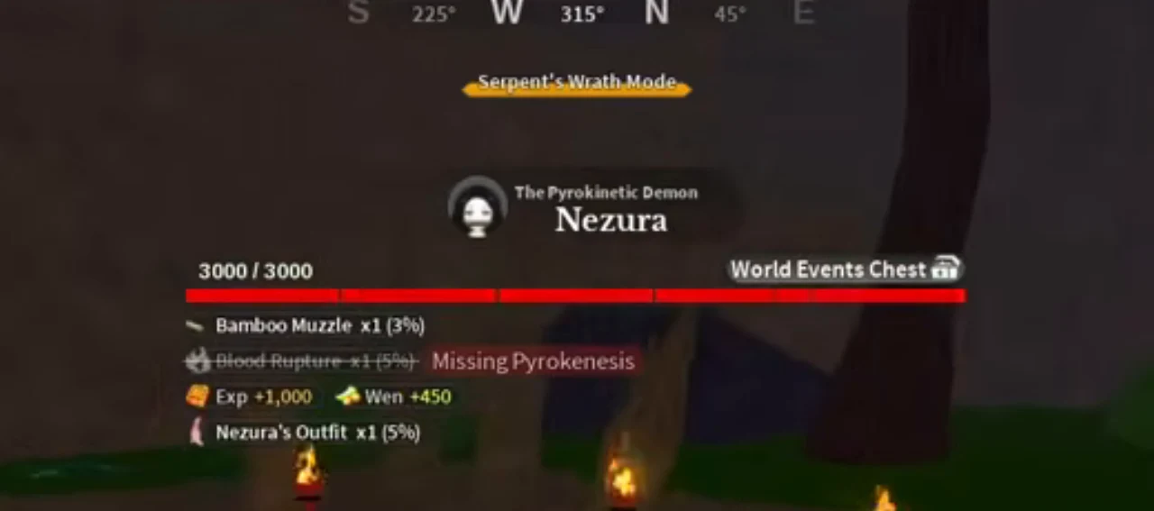 Nezura's health bar among torches at night