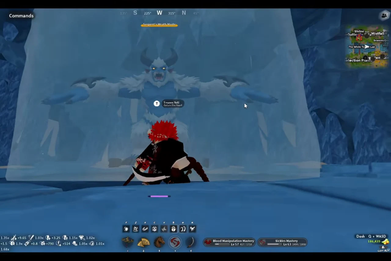 A Yeti frozen inside a block of ice in a blue cavern