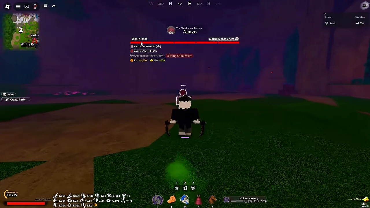 A player facing Akazo at night, with his boss bar at the top