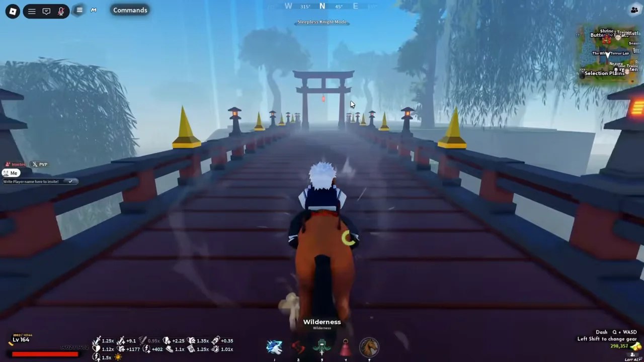 A player riding across a red bridge toward a gate
