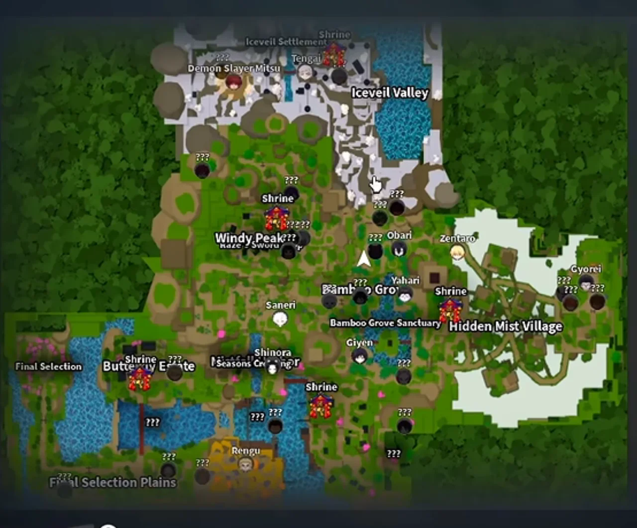The in-game map with boss names switched on