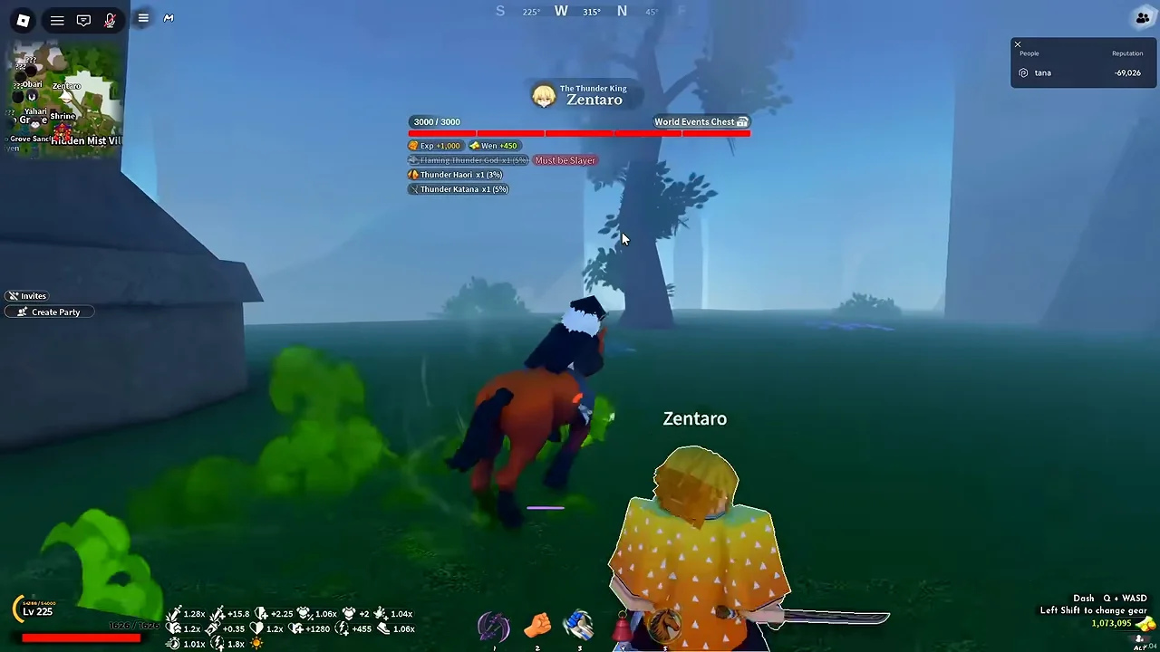 A player on a horse beside Zentaro, with his boss bar at the top