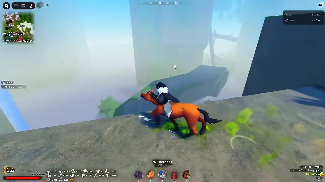 A player riding down a rocky ledge in the fog