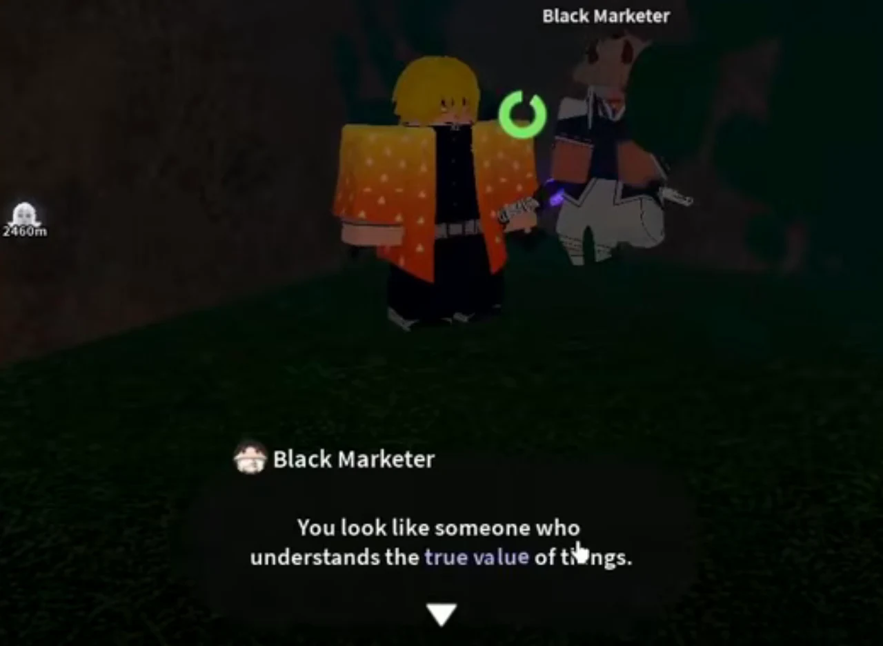 A white figure in a horned straw hat talking to the player