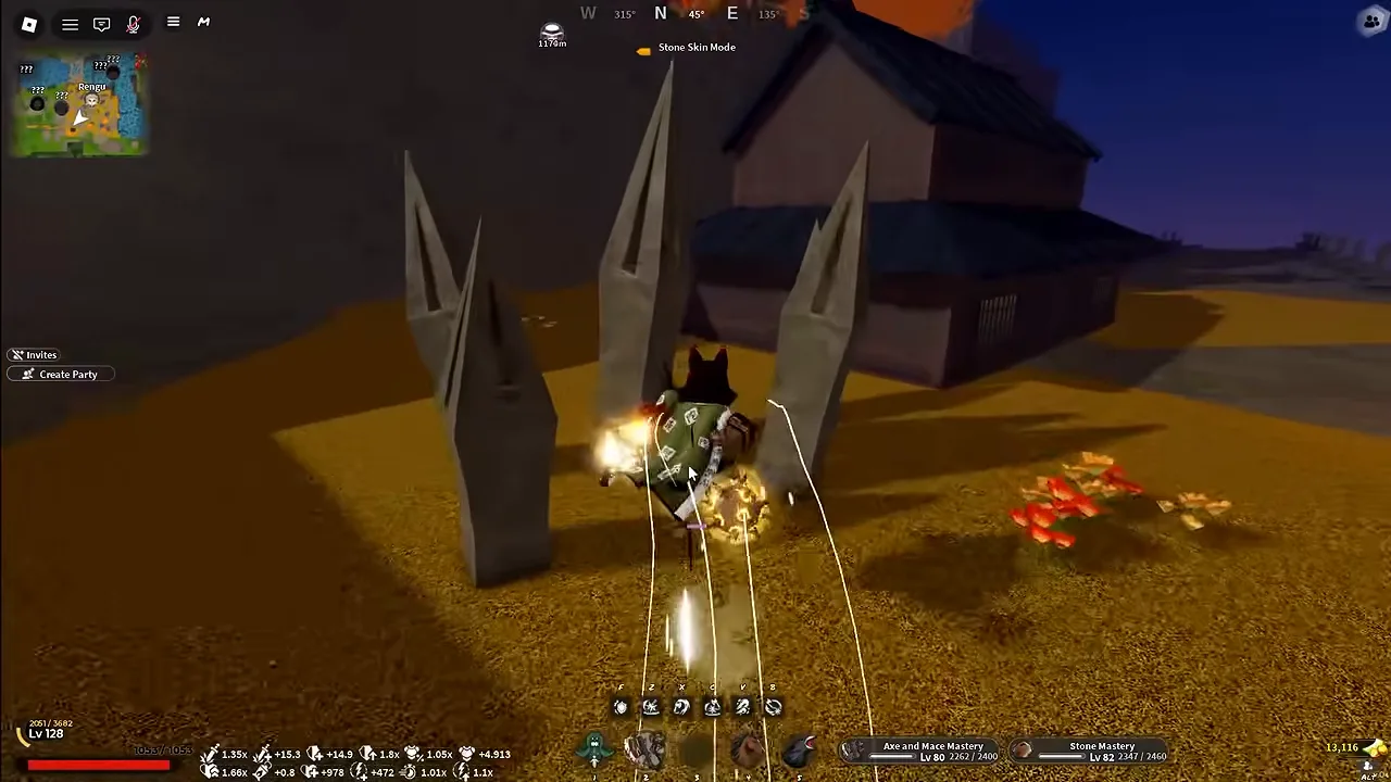 A player among tall stone spikes in front of a wooden house on orange ground