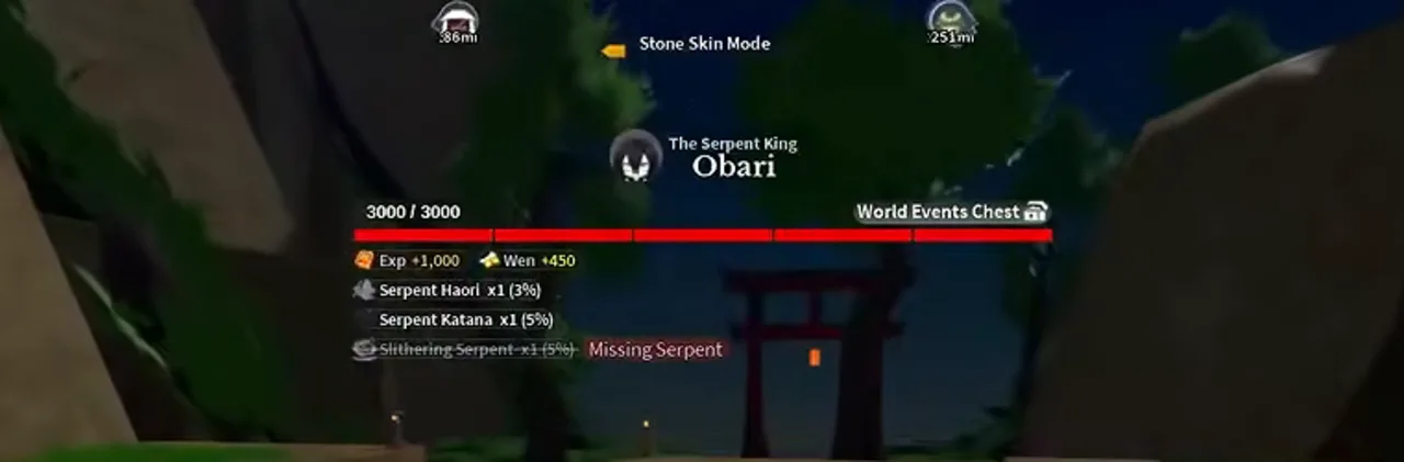 Obari's boss health bar, with the skill drop struck through and a red note beside it