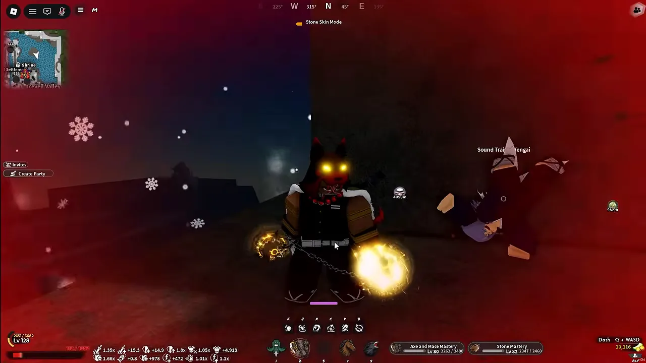 A player standing near a trainer NPC with the screen edges washed red and the health bar almost empty