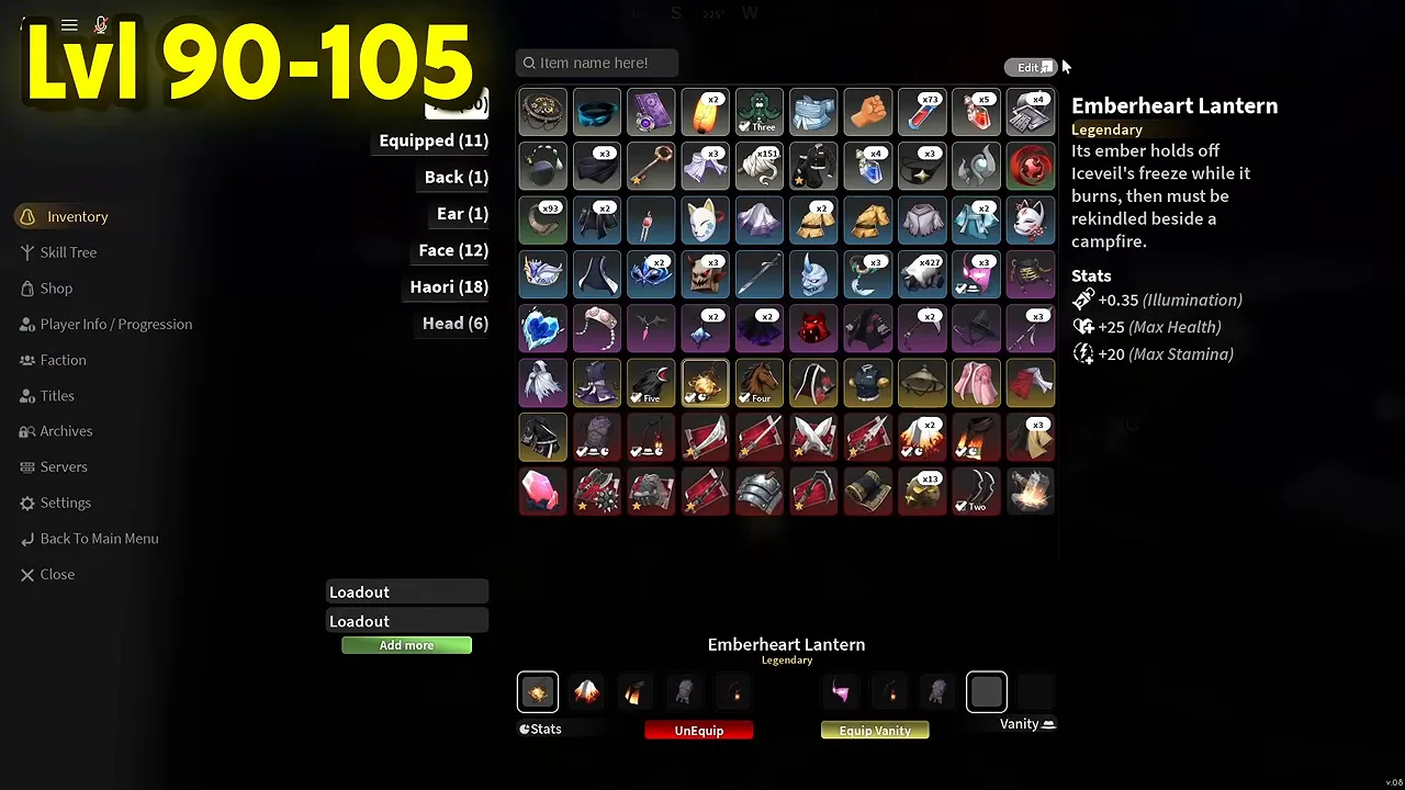 The inventory screen with the Emberheart Lantern selected and its description on the right