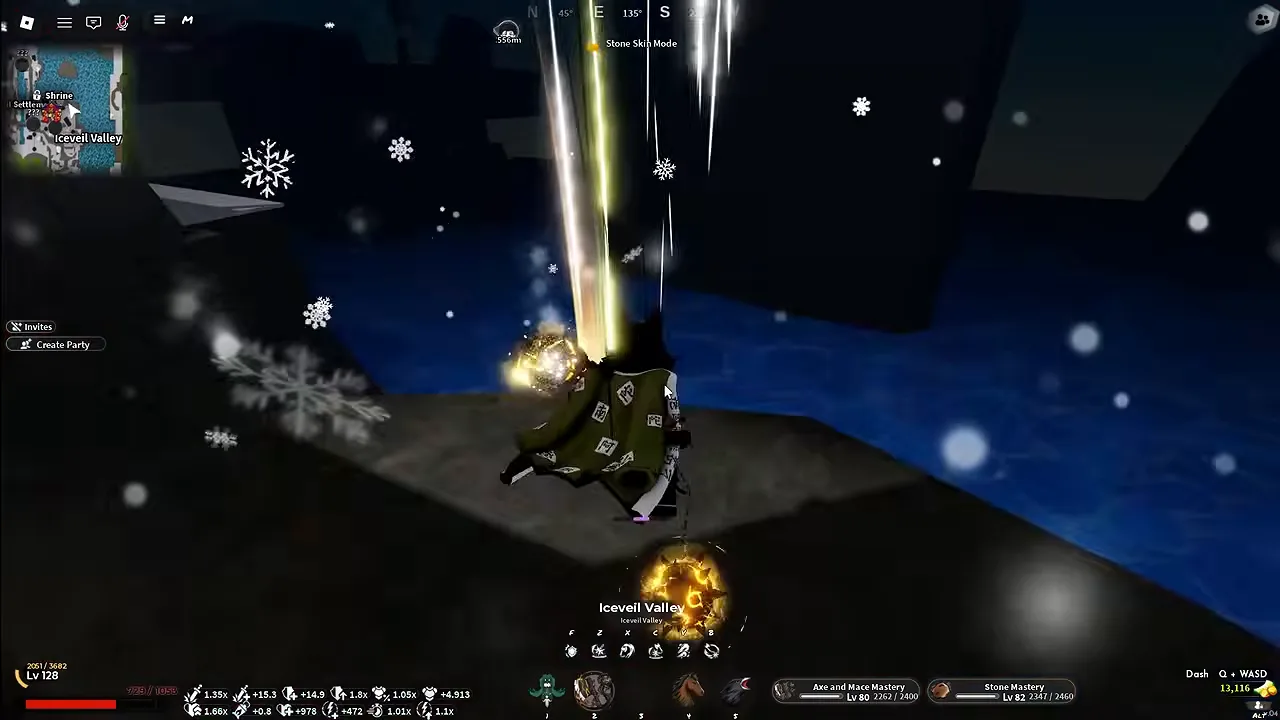 A player on a snowy rock ledge above dark blue water at night