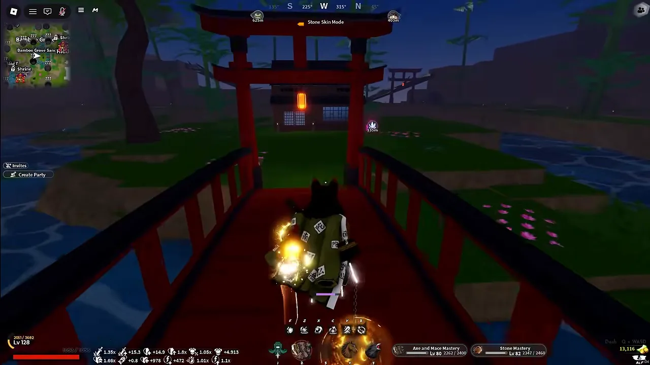A player crossing a red arched bridge towards a lit house at night
