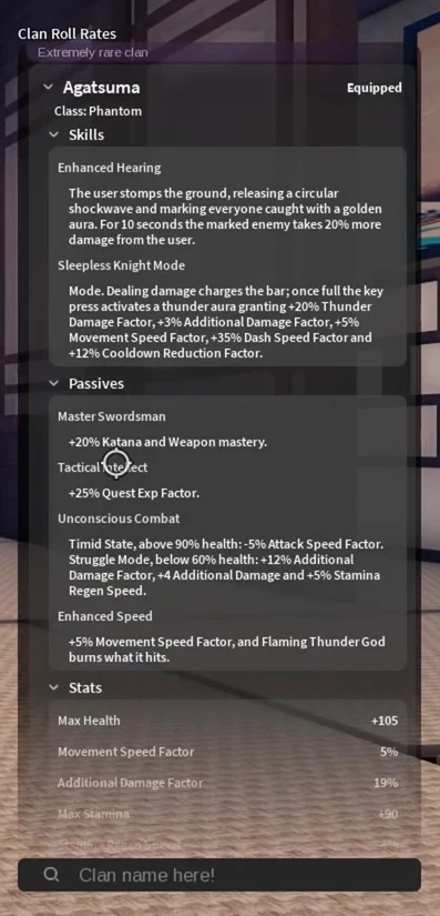 Agatsuma's entry on the clan screen, marked Equipped