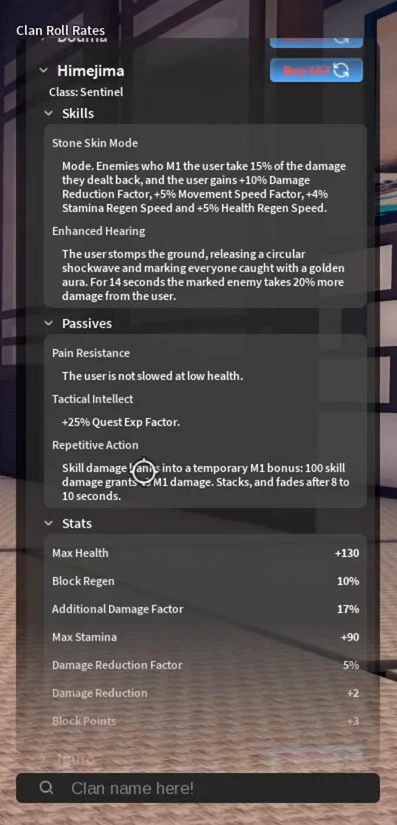 Himejima's skills, passives and stats on the clan screen