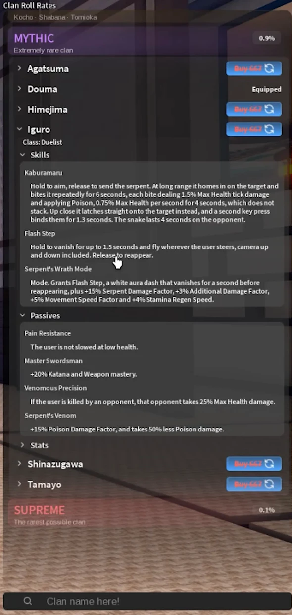 Iguro's skills and passives on the clan screen