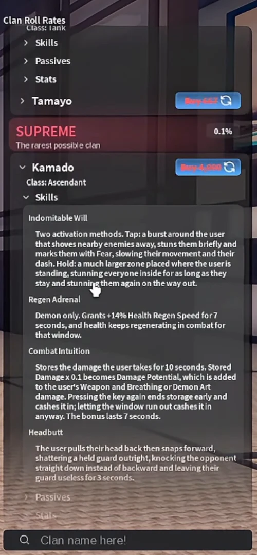 Kamado's entry on the clan screen with its skills open