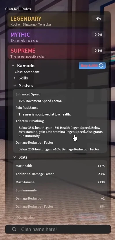 Kamado's passives and stats on the clan screen