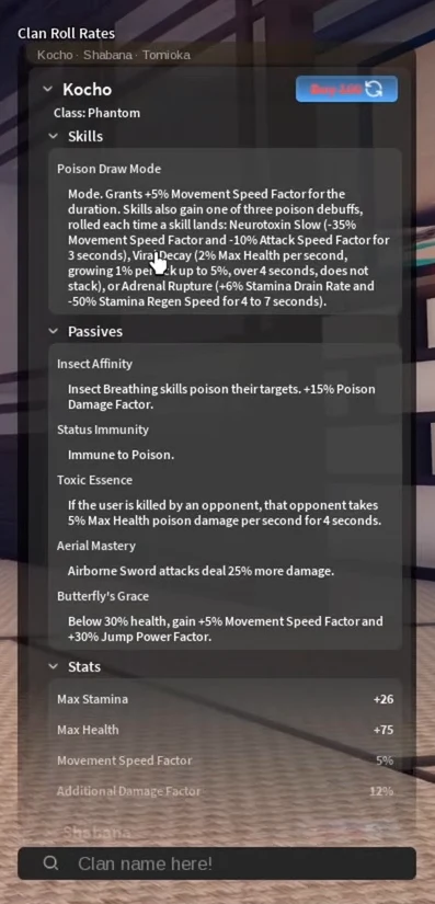 Kocho's entry on the clan screen