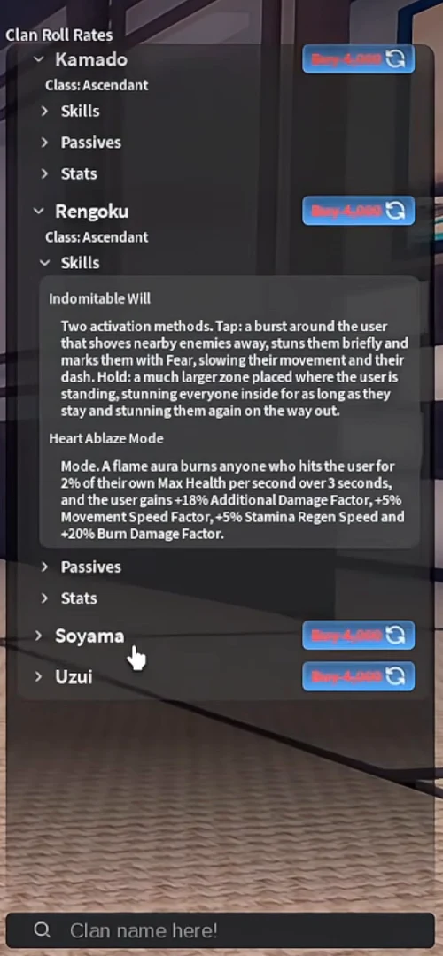 Rengoku's skills on the clan screen