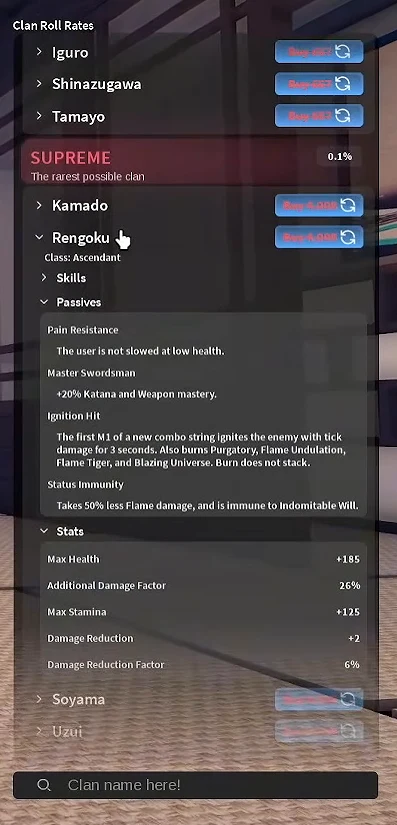 Rengoku's passives and stats on the clan screen