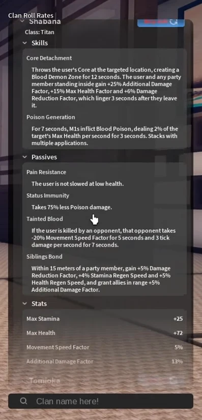 Shabana's entry on the clan screen