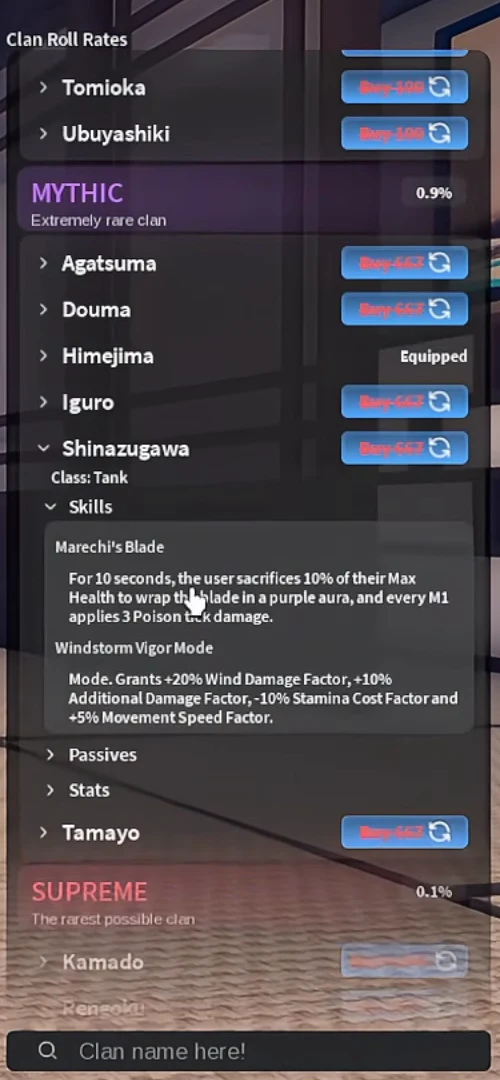 Shinazugawa's skills on the clan screen