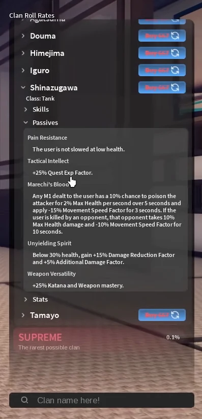 Shinazugawa's passives on the clan screen