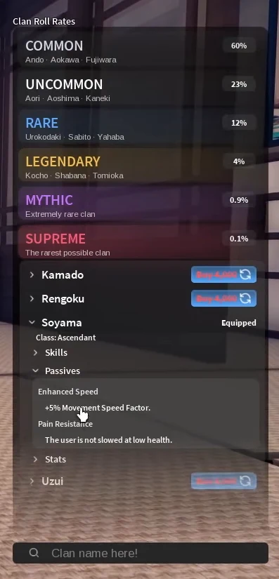 Soyama's two passives on the clan screen