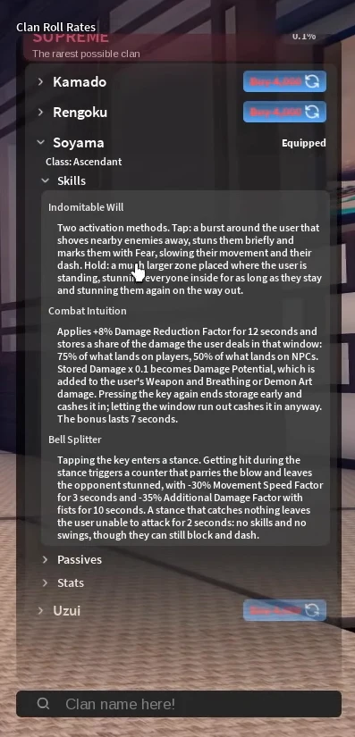 Soyama's skills on the clan screen, marked Equipped