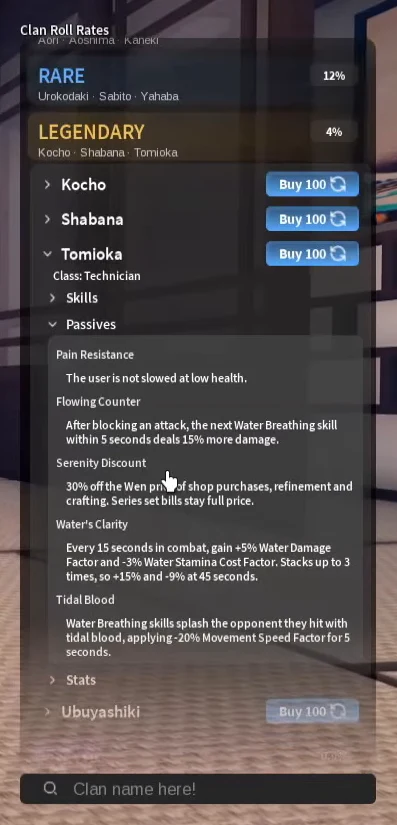 Tomioka's passives on the clan screen